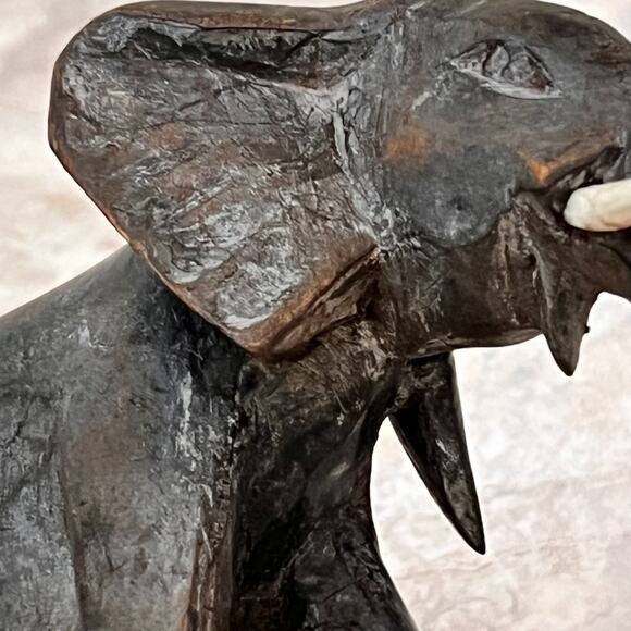Vintage Hand Carved Elephant With Tusks Trunk Down Dark Wood Sculpture 5" Tall - Picture 8 of 15